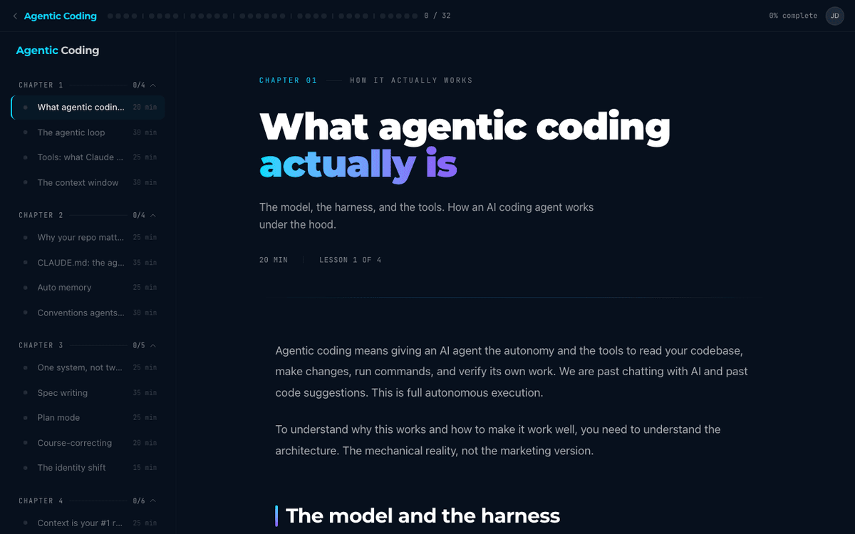 Course interface — sidebar navigation with chapter progress, lesson content with code examples